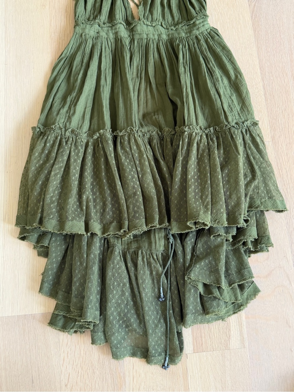 Free People Size Large Olive Green Halter Mini Dress Boho Hippie Cotton V Neck - Picture 6 of 16
